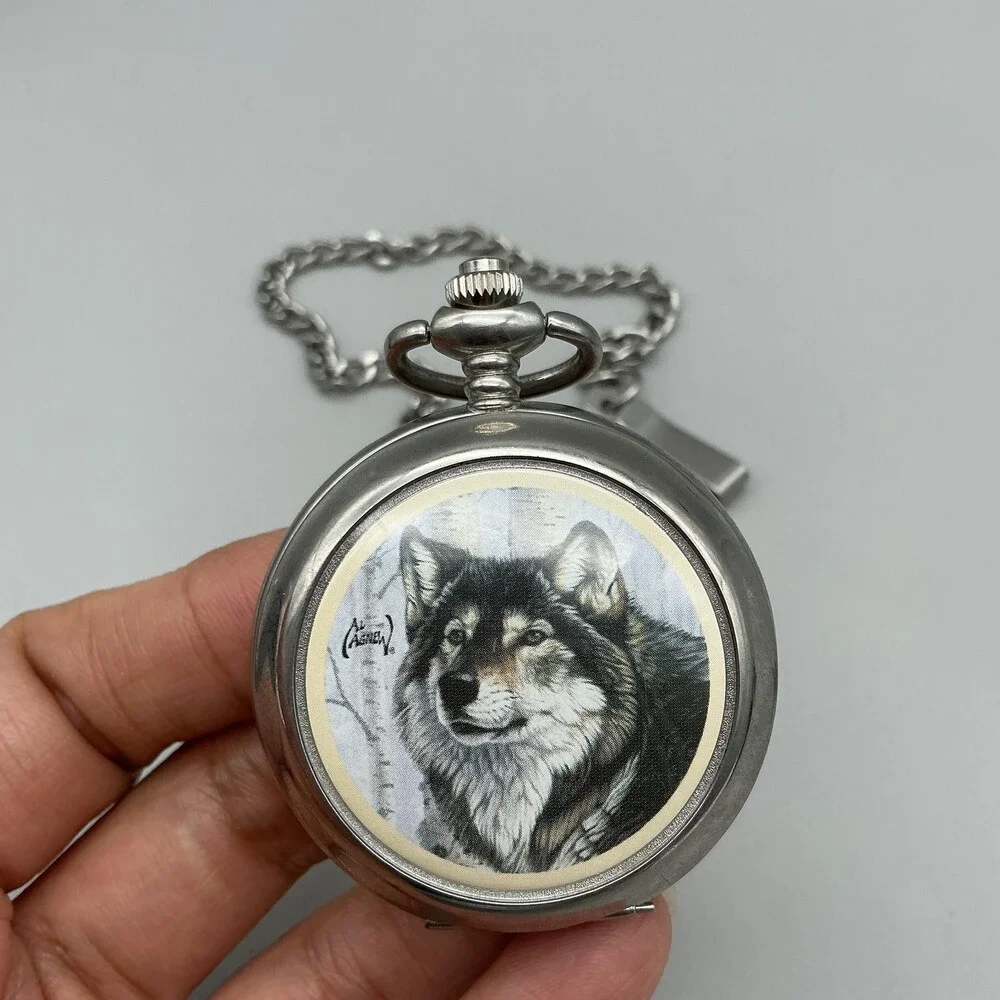 Al Agnew Pocket Watch Men 47mm Silver Tone Wolf Full Hunter Chain Analog